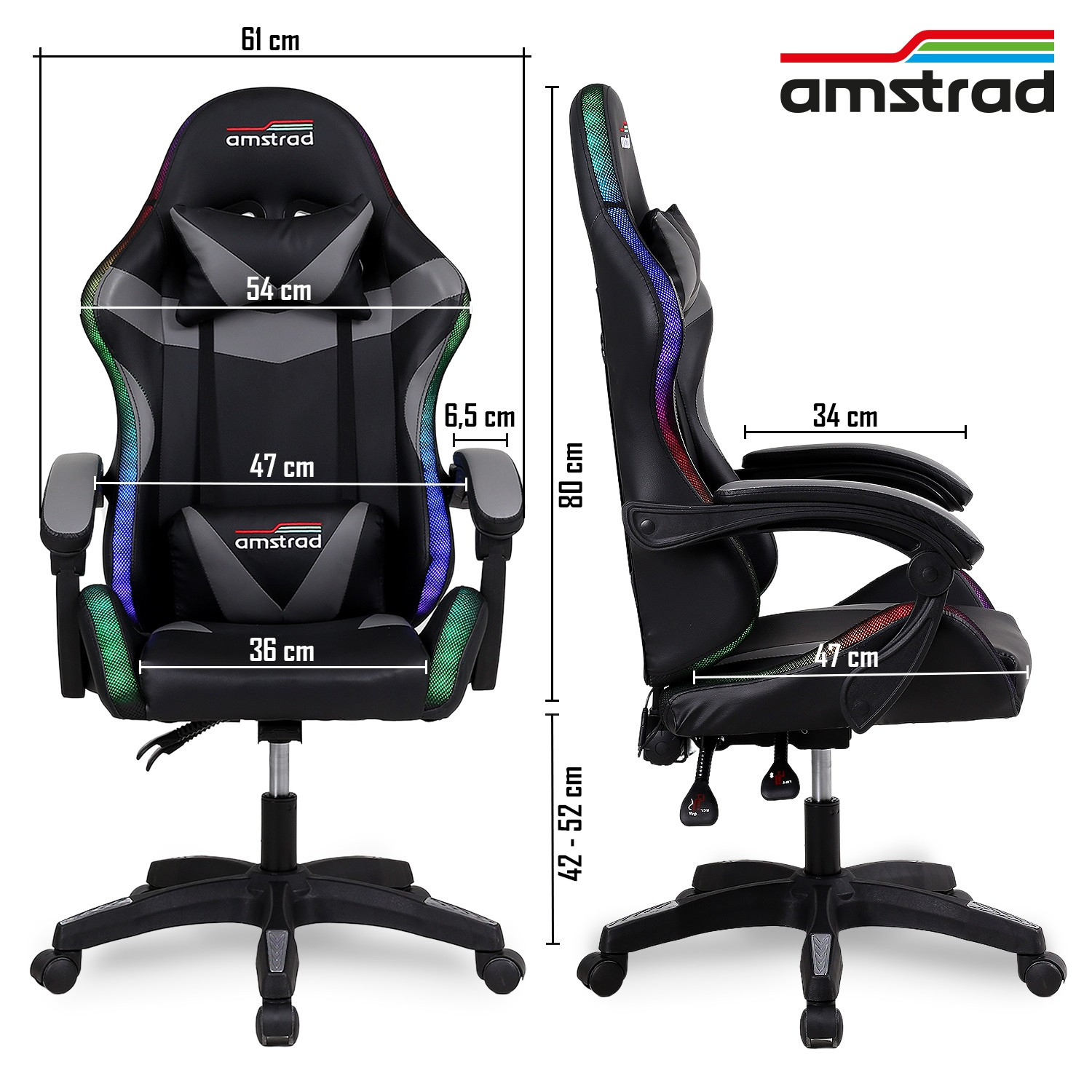 Fauteuil gaming Amstrad AMS-900-LED-BK - simili cuir noir et gris - Eclairage LED 366 effets - Télécommande — image 5