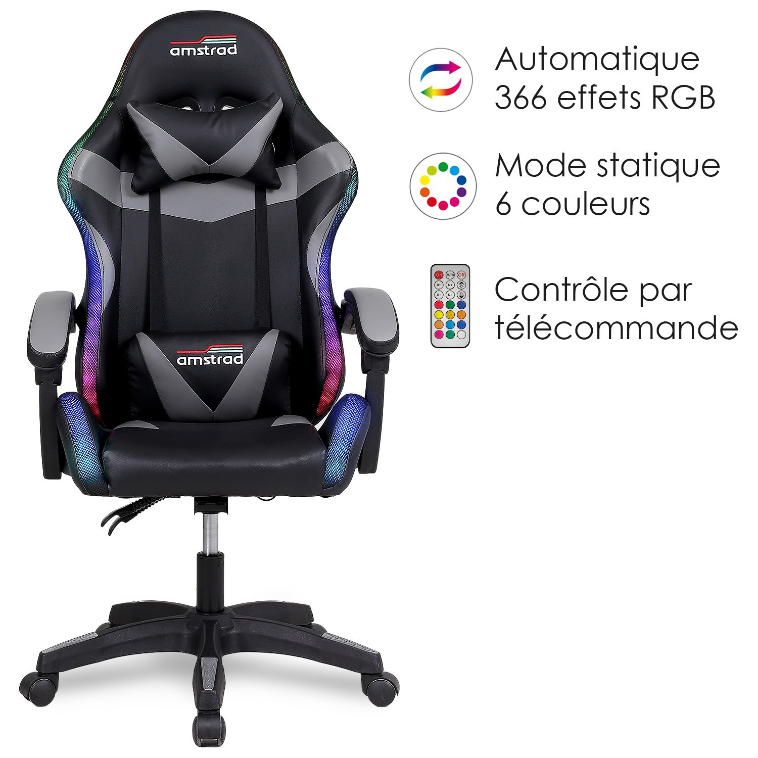 AMSTRAD AMS-900-LED-BK Chaise Gamer LED 366 Modes Coussin Lombaire Appui-tête Noir — image 2